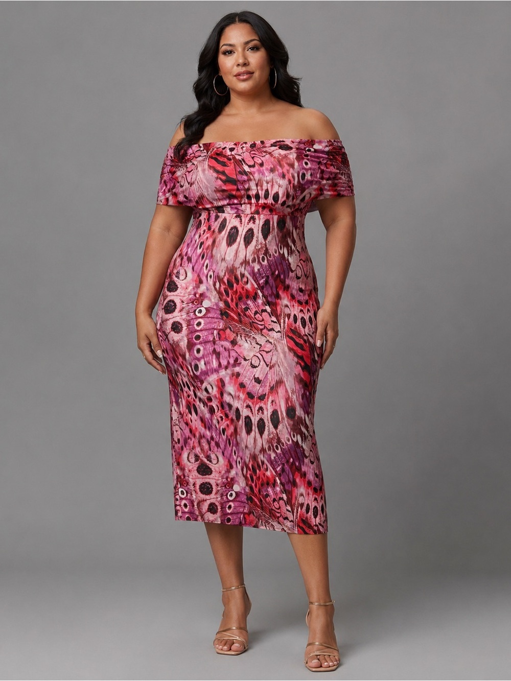Anthropologie AFRM Pink Butterfly Print Off Shoulder Midi Dress 1X Plus Size